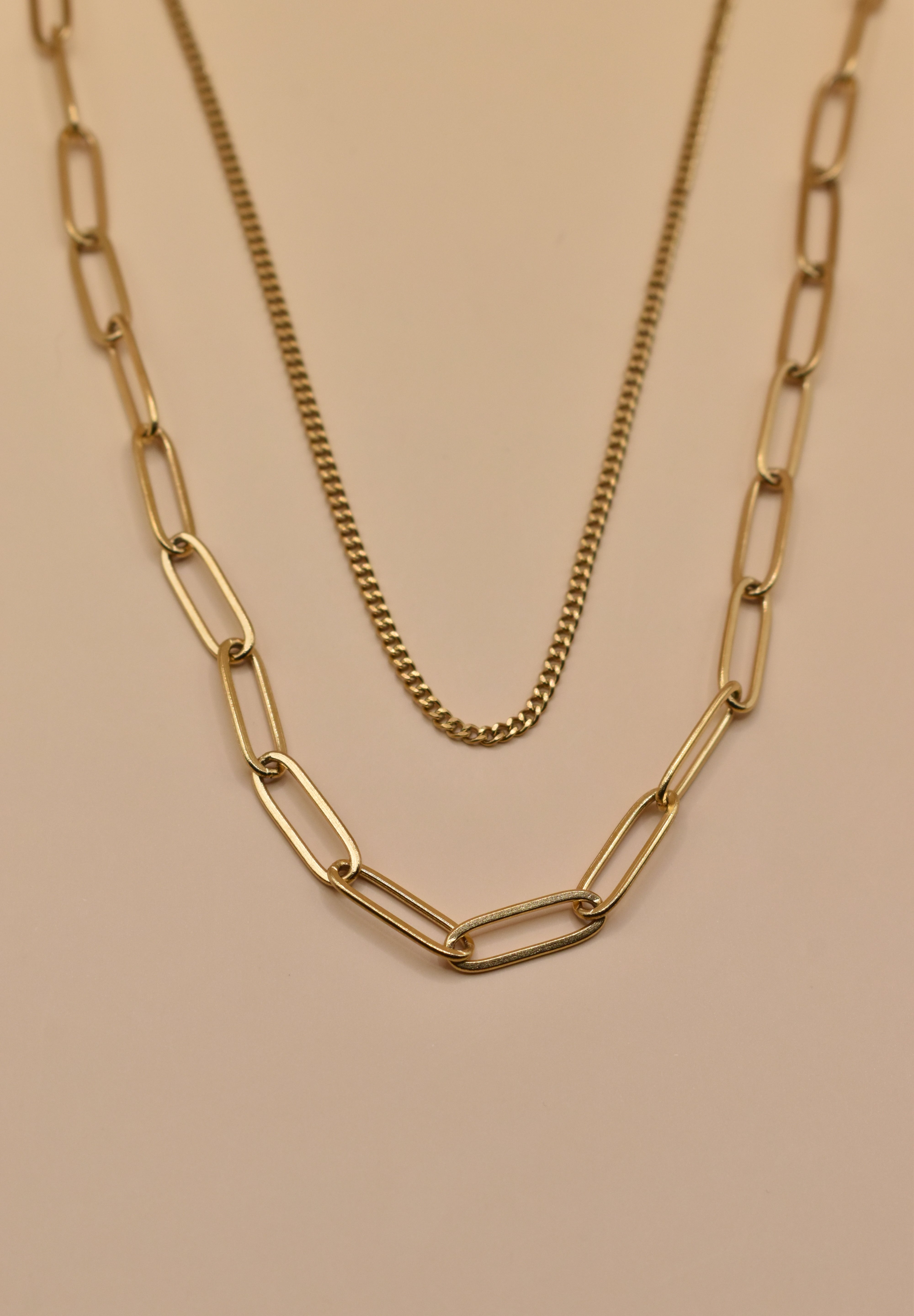 Dainty gold layered paperclip and curb chain necklace