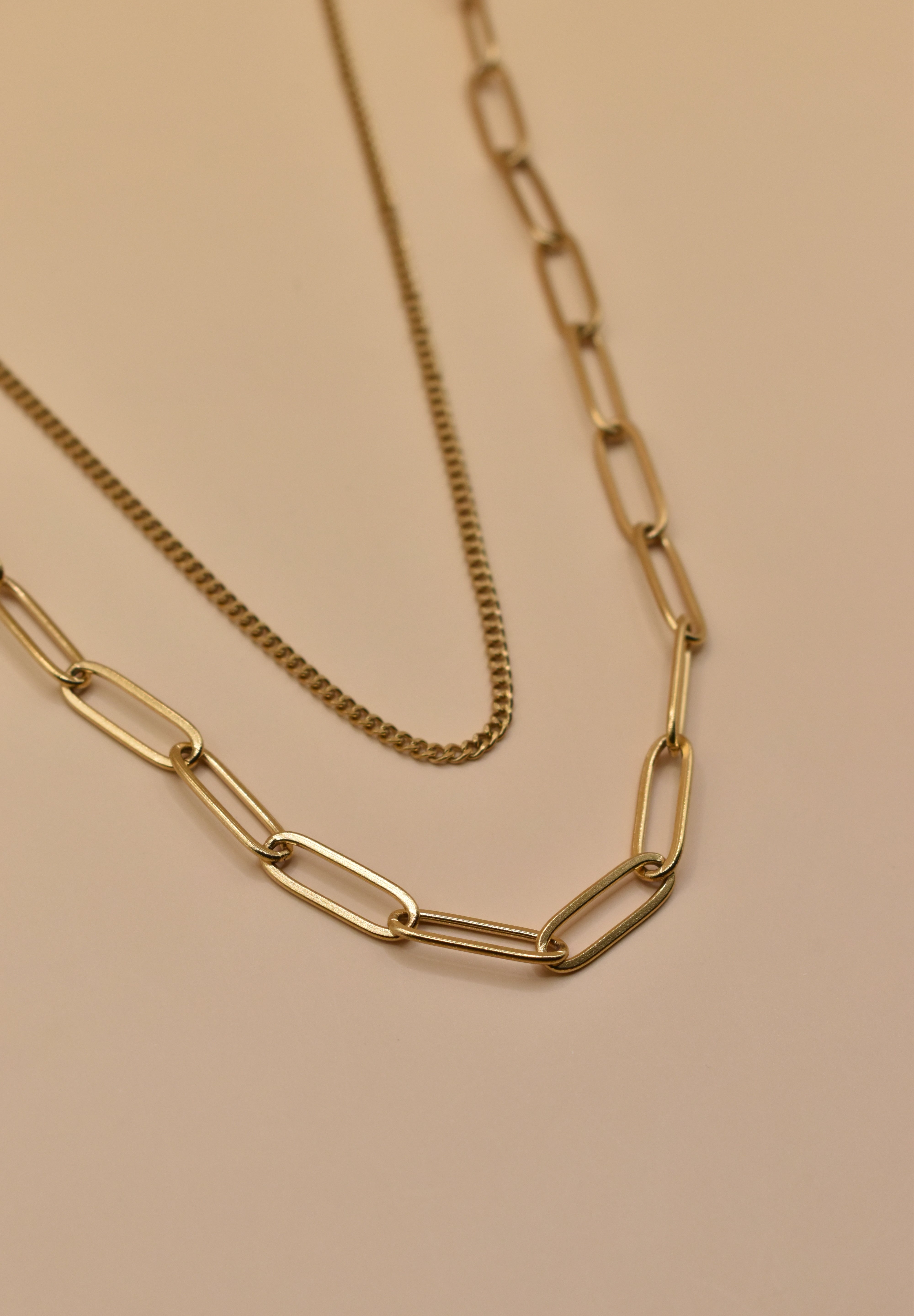 Dainty gold layered paperclip and curb chain necklace