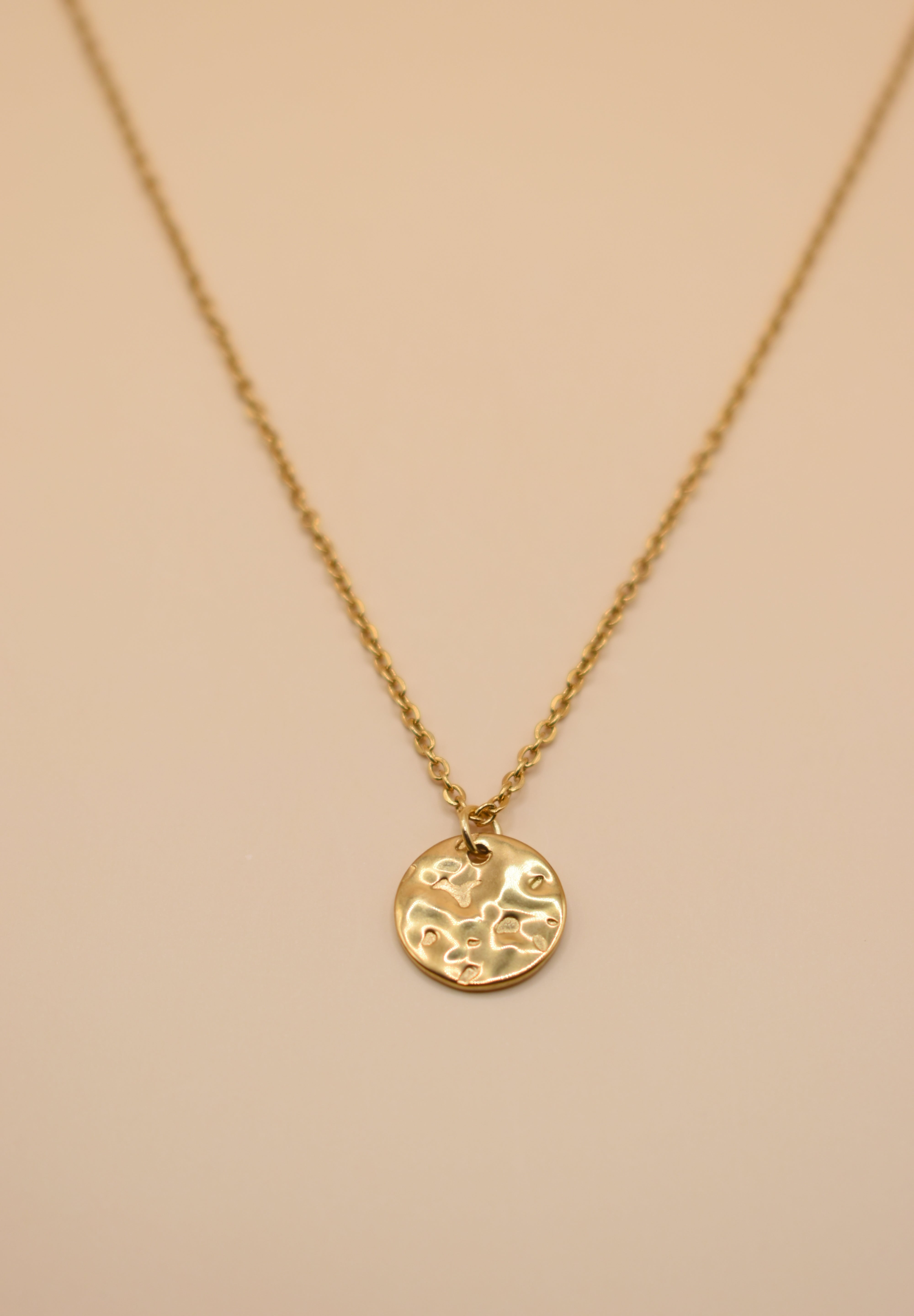 Hammered gold round pendant necklace on dainty gold chain