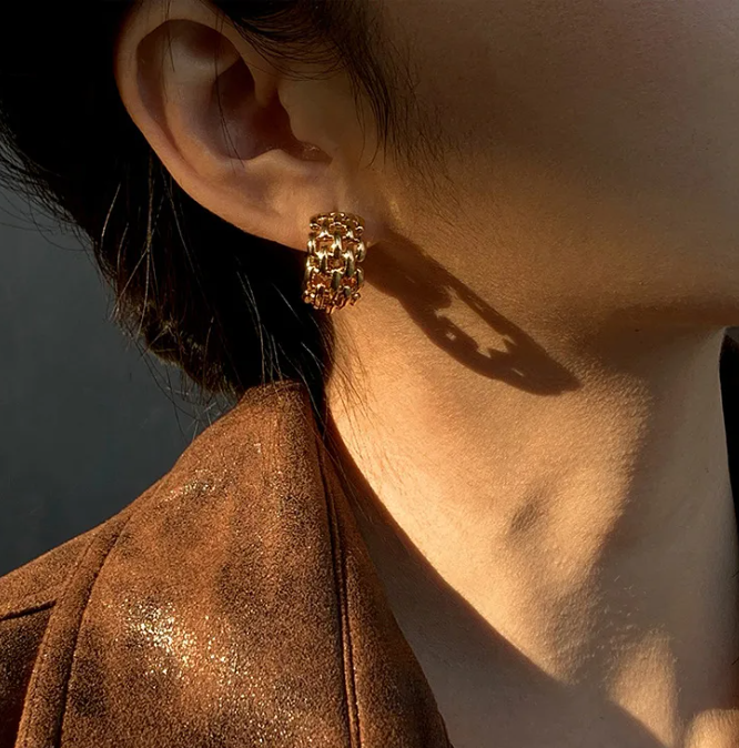 Gold hoop stud earrings with gold plated woven texture