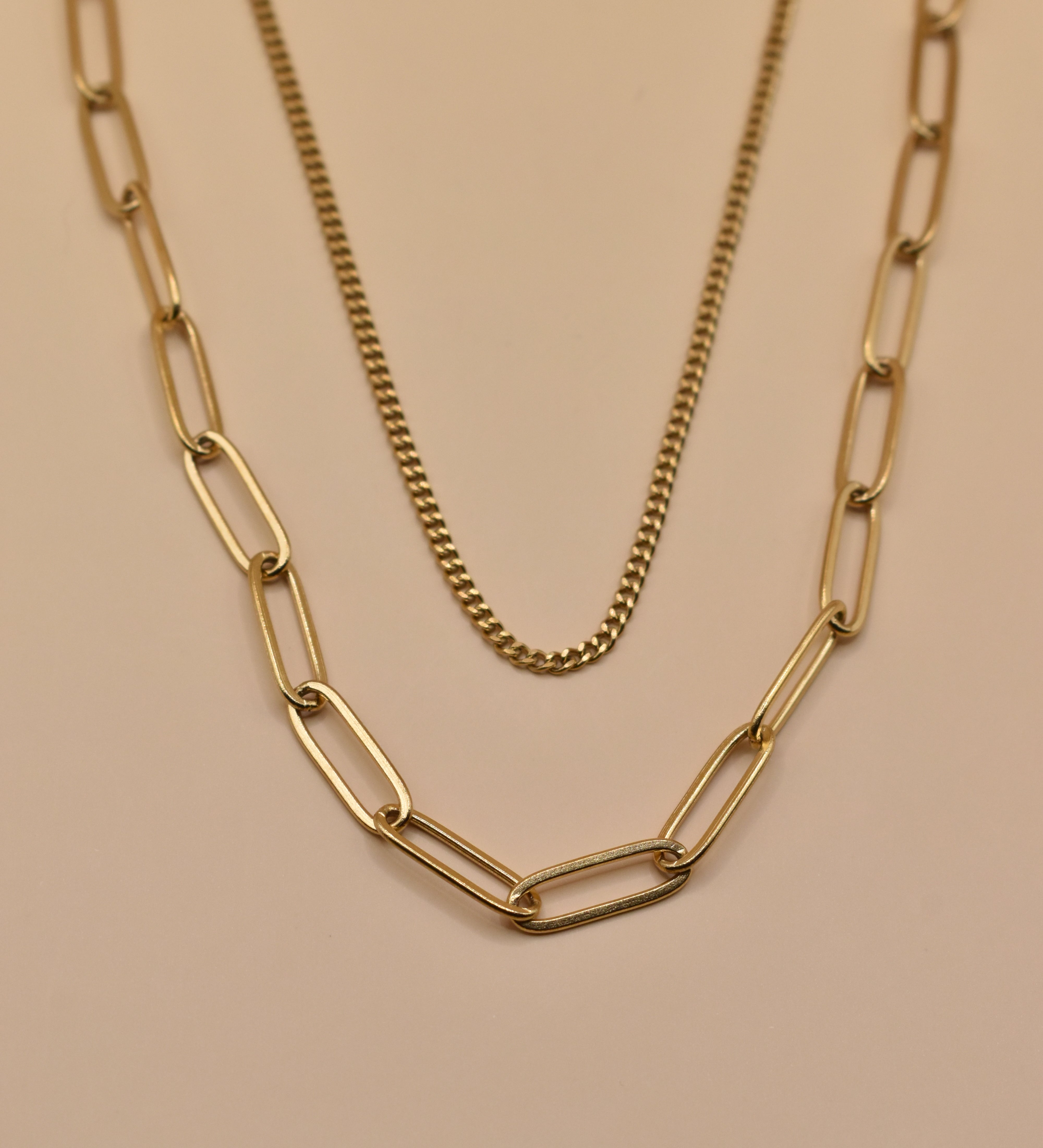 Dainty gold layered paperclip and curb chain necklace
