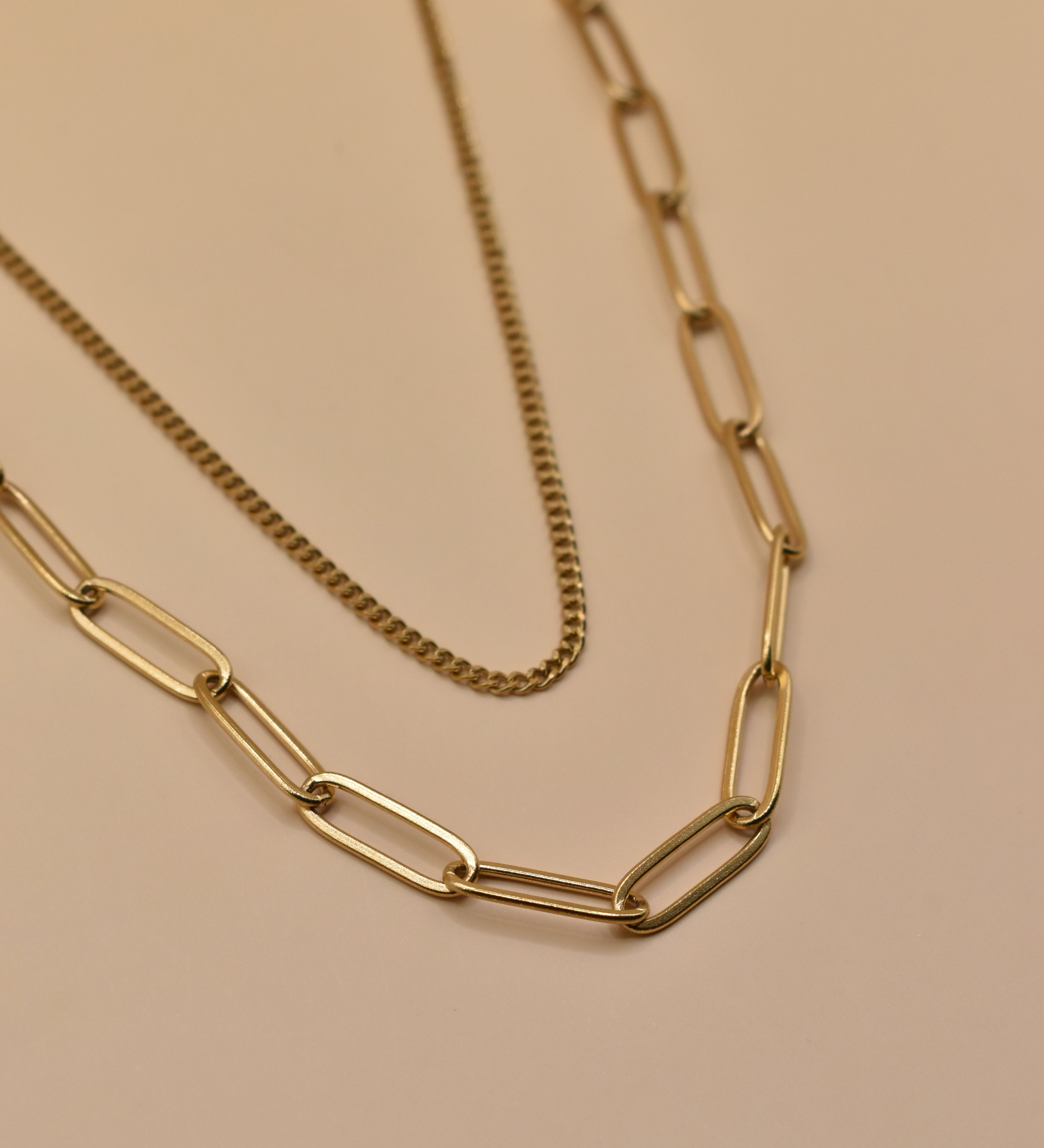 Dainty gold layered paperclip and curb chain necklace