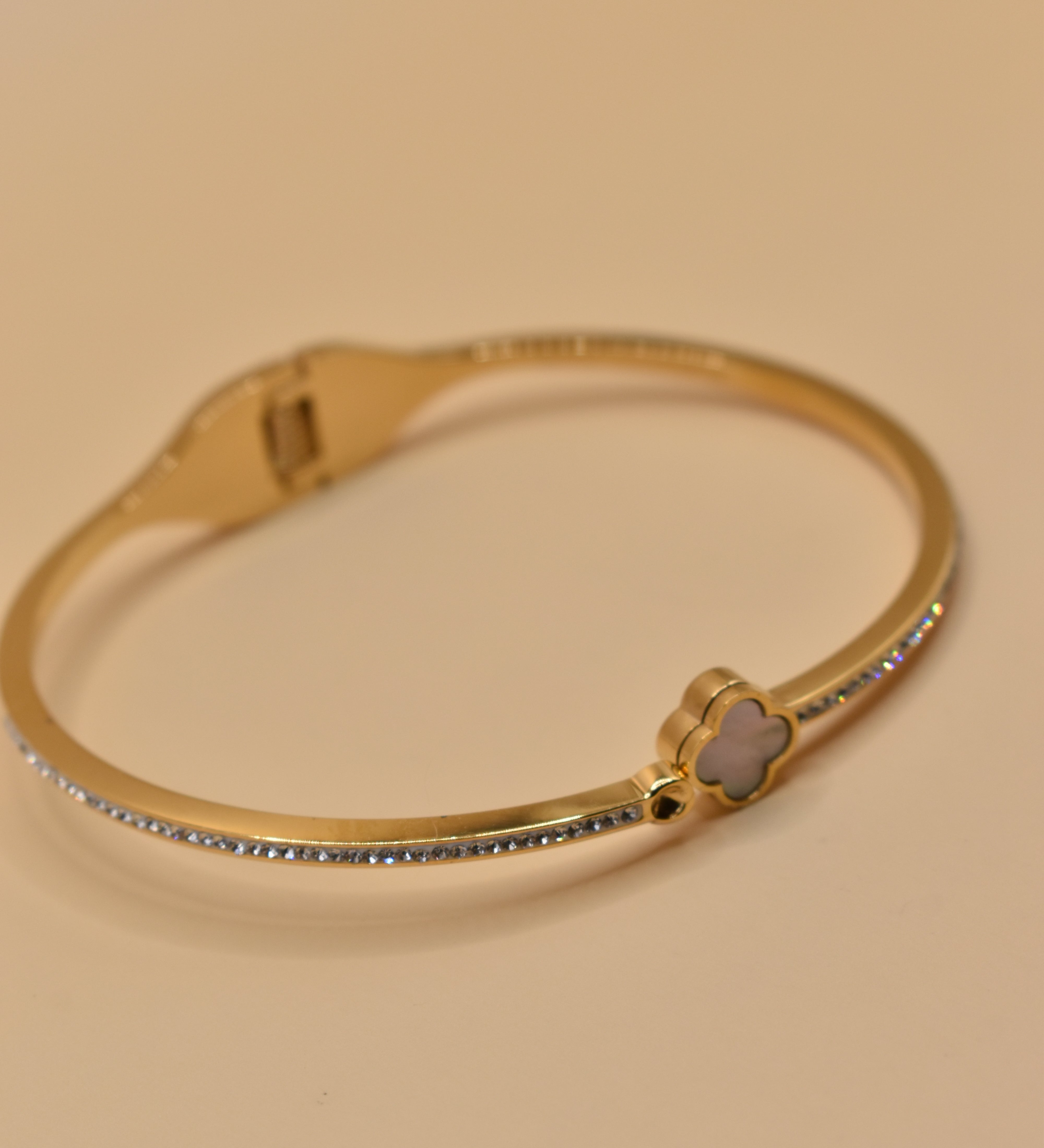 White flower bangle gold floral bracelet with rhinestones