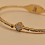 White flower bangle gold floral bracelet with rhinestones