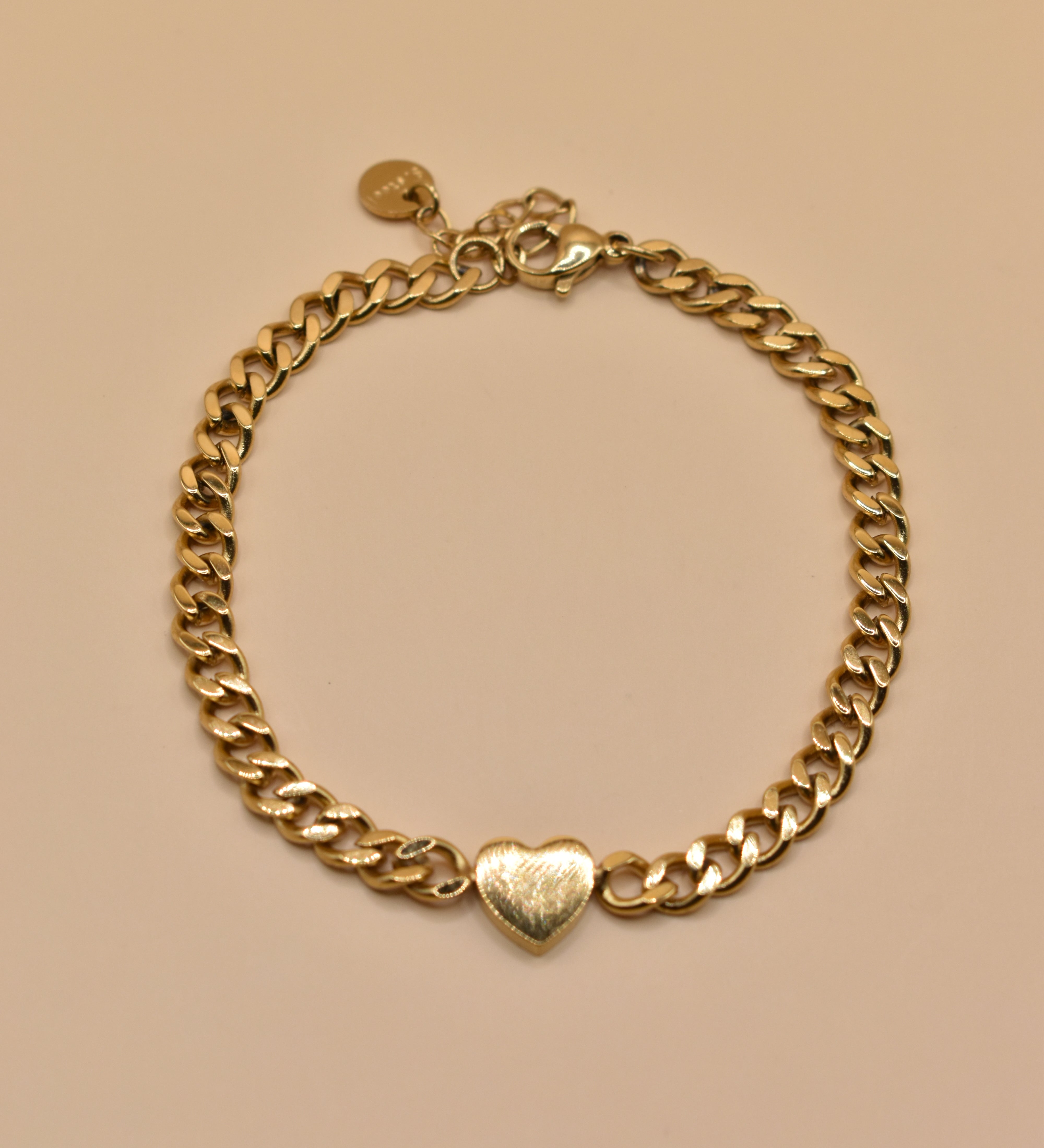 Gold heart bracelet with Cuban link chain, gold plated