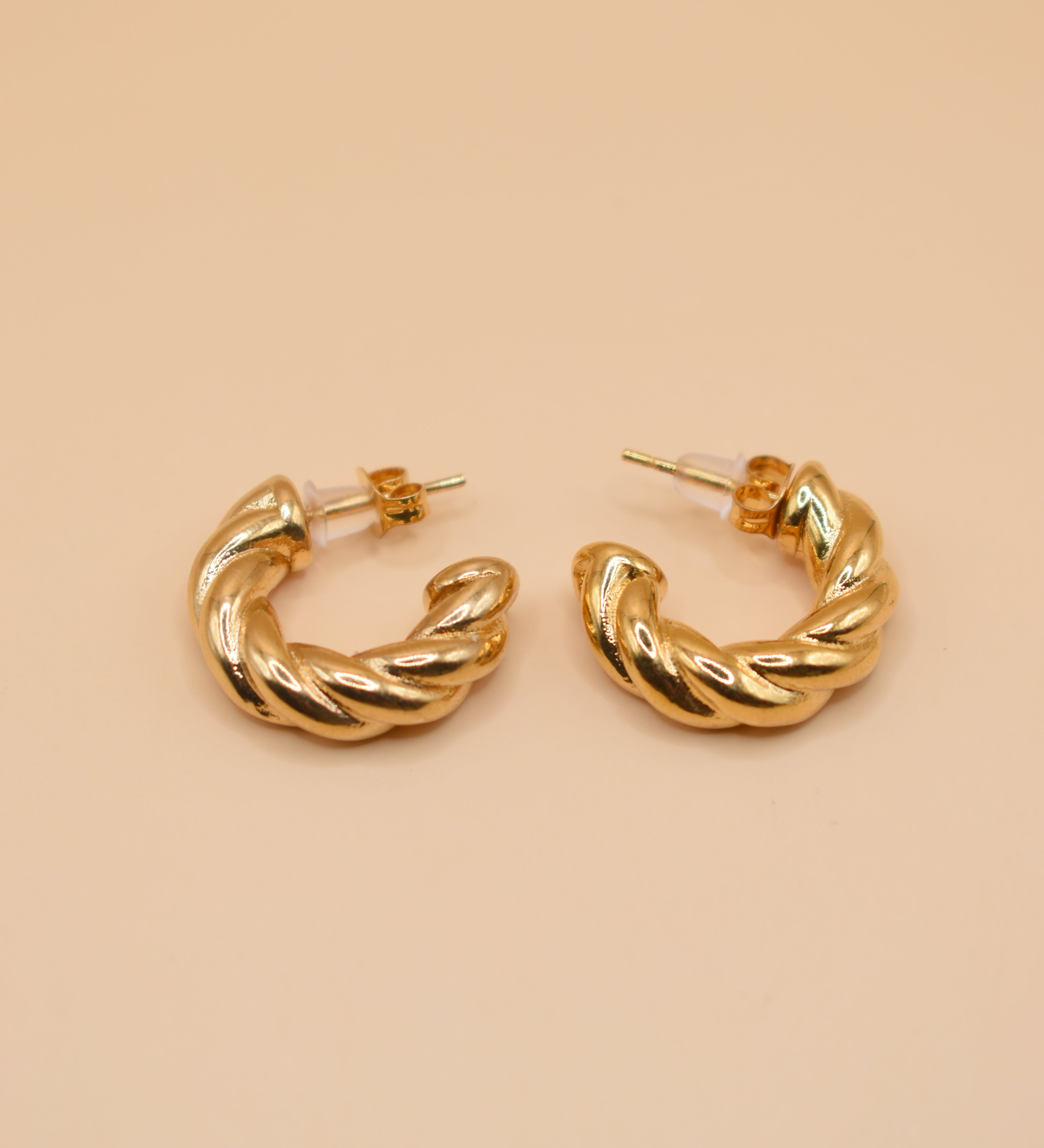 Gold twisted stud earrings with woven hypoallergenic design
