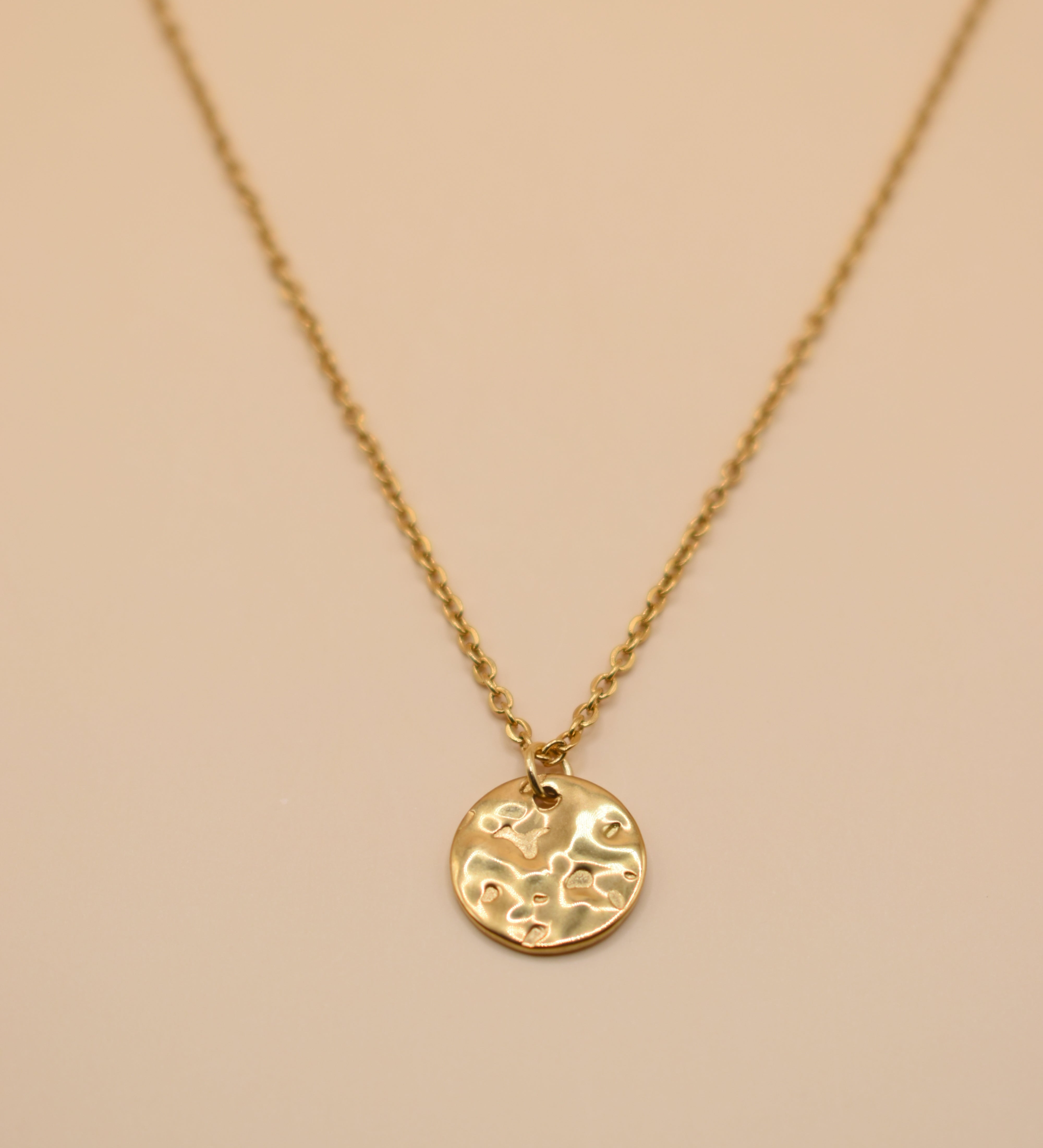 Hammered gold round pendant necklace on dainty gold chain
