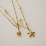 18K Gold Plated Necklace with Small Seashell, Pearl, Starfish Pendant